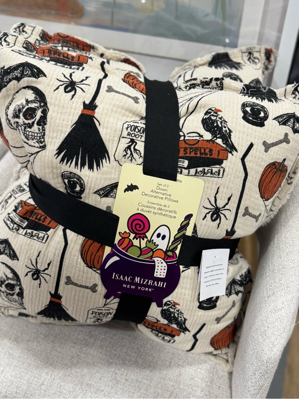 Isaac Mizrahi Halloween Print Decorative Pillow Set 2- Cream, Black, Orange